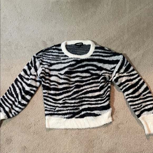 Express Sweaters - Express Black & White Zebra-Print Fuzzy Crewneck Sweater